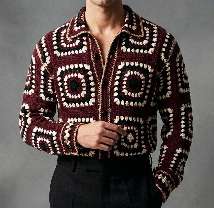 The Nodalis Man wearing a handmade crochet piece